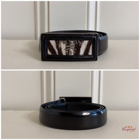 Authentic PRADA Black Patent Leather Silver Pony Buckle Logo Belt Size 34/85 - Picture 3 of 12